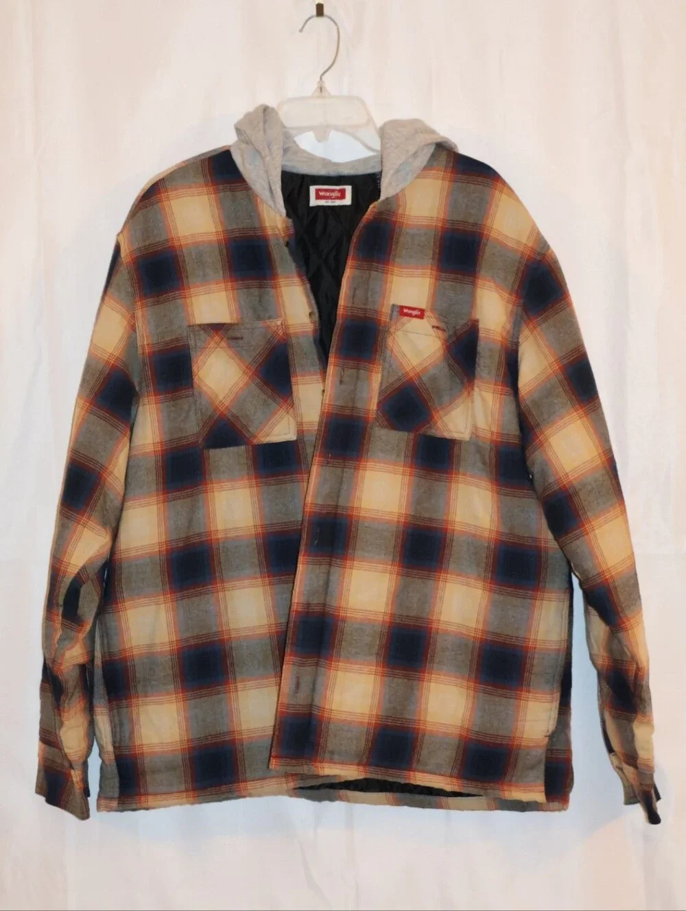 Wrangler Plaid Heavyweight Hooded Flannel Shirt Jacket-Blue Nights. XL.
